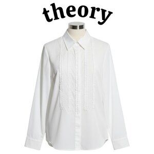 Theory Ivory Ruffle Front Button Down Shirt Large Stretch Cotton Workwear